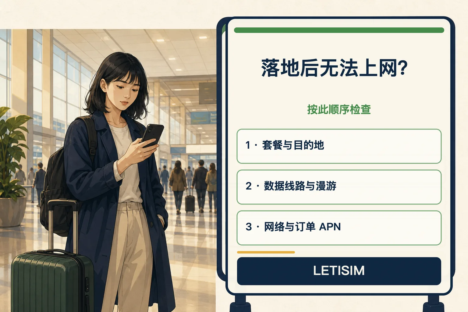 机场旅客旁的三步检查板,用于核对套餐、数据线路、漫游、网络和订单 APN