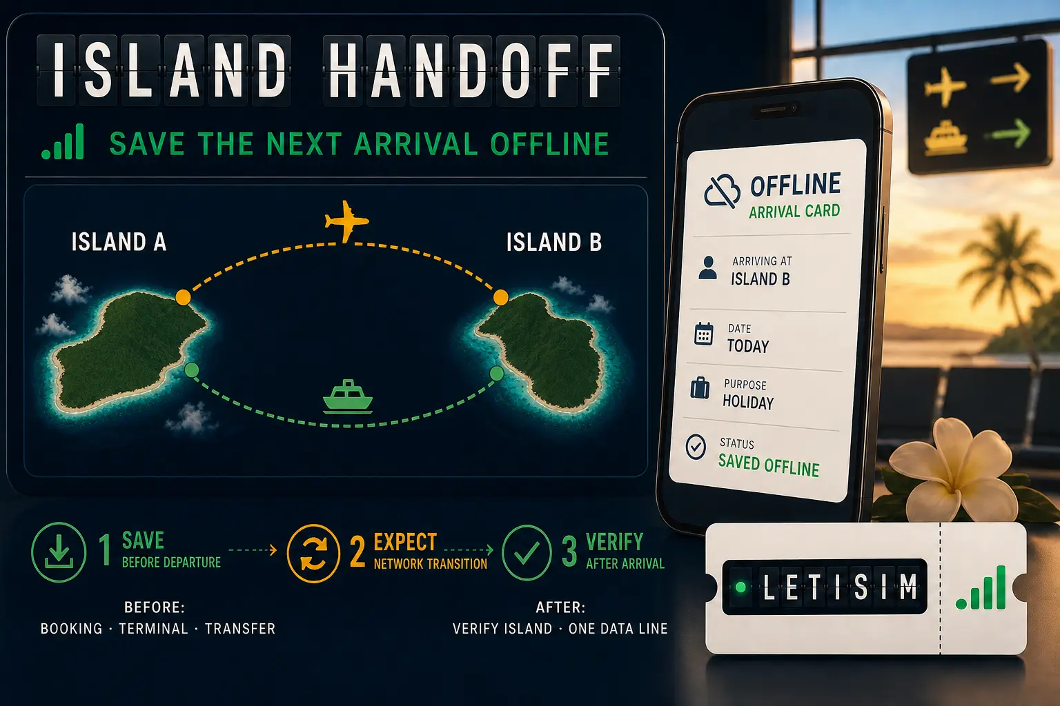 Air and sea routes between French Polynesian islands beside a phone holding an offline arrival card