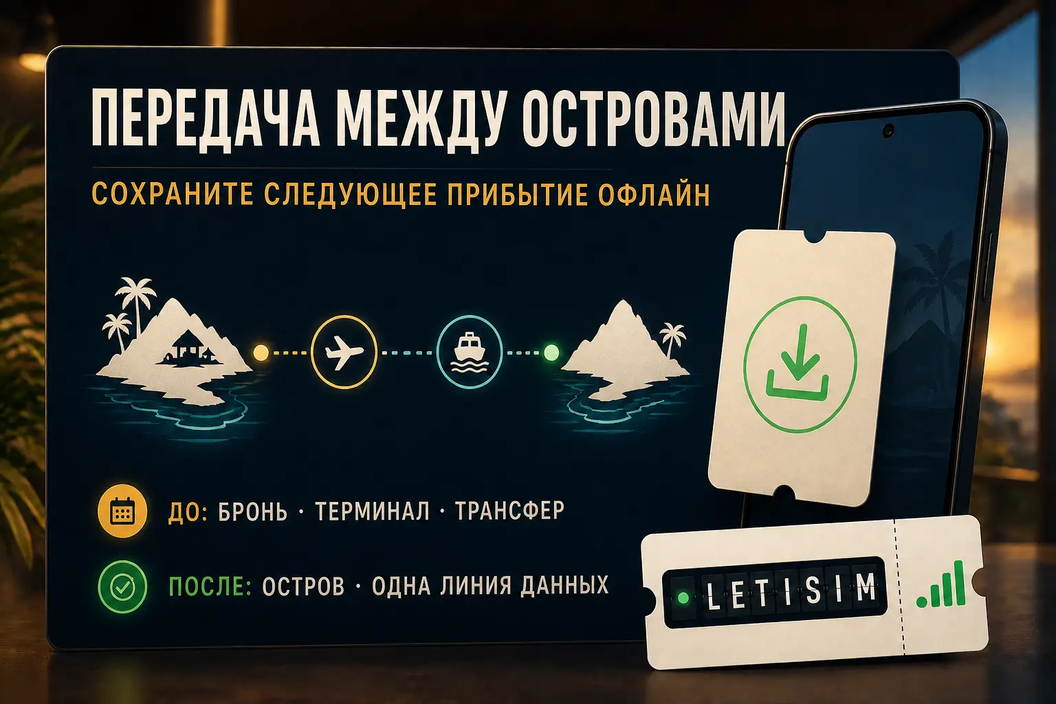 Воздушный и морской маршруты между островами Полинезии рядом с телефоном и офлайн-карточкой прибытия
