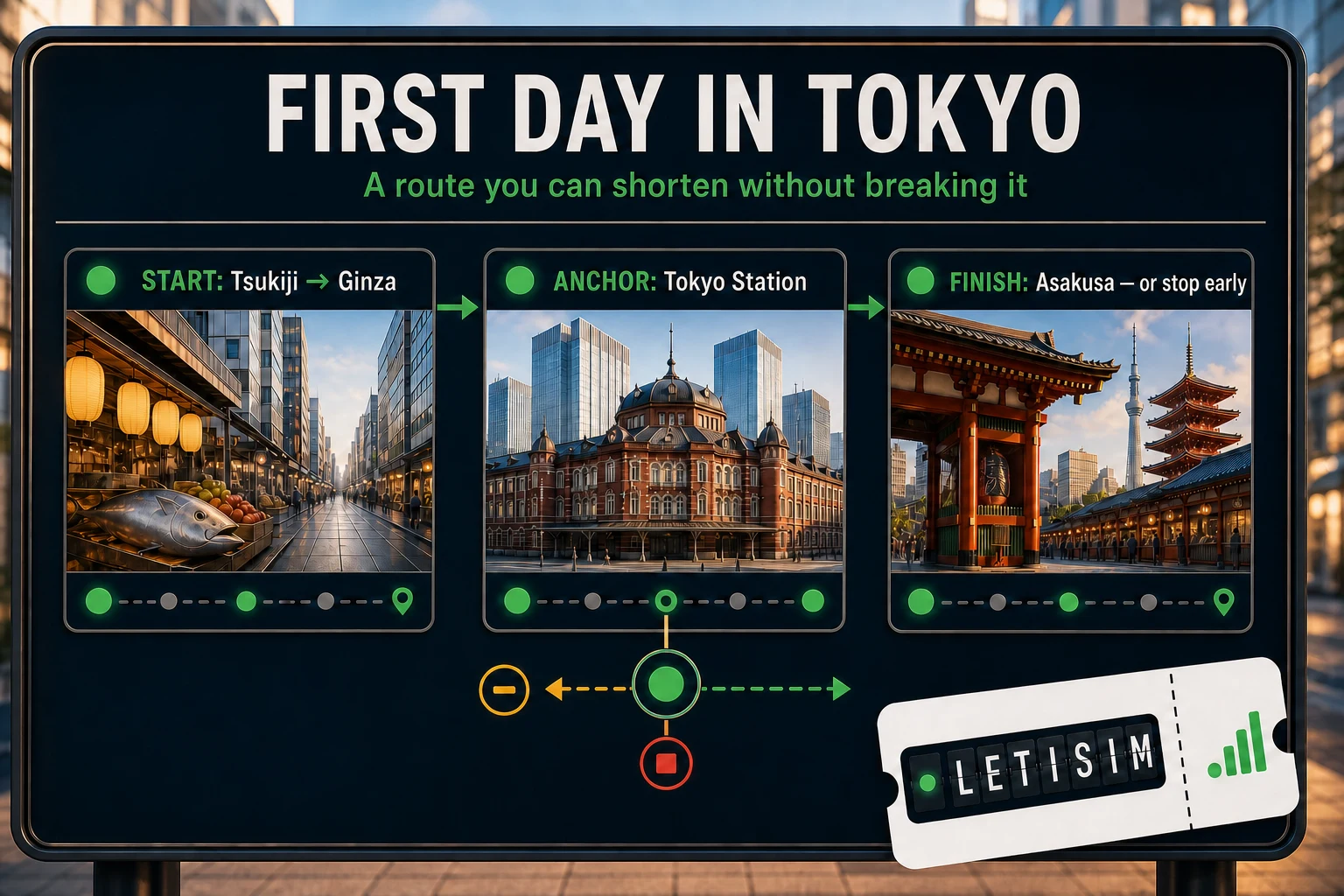 A Tokyo first-day decision board linking Tsukiji, Ginza, Tokyo Station and Asakusa with shorten and stop branches