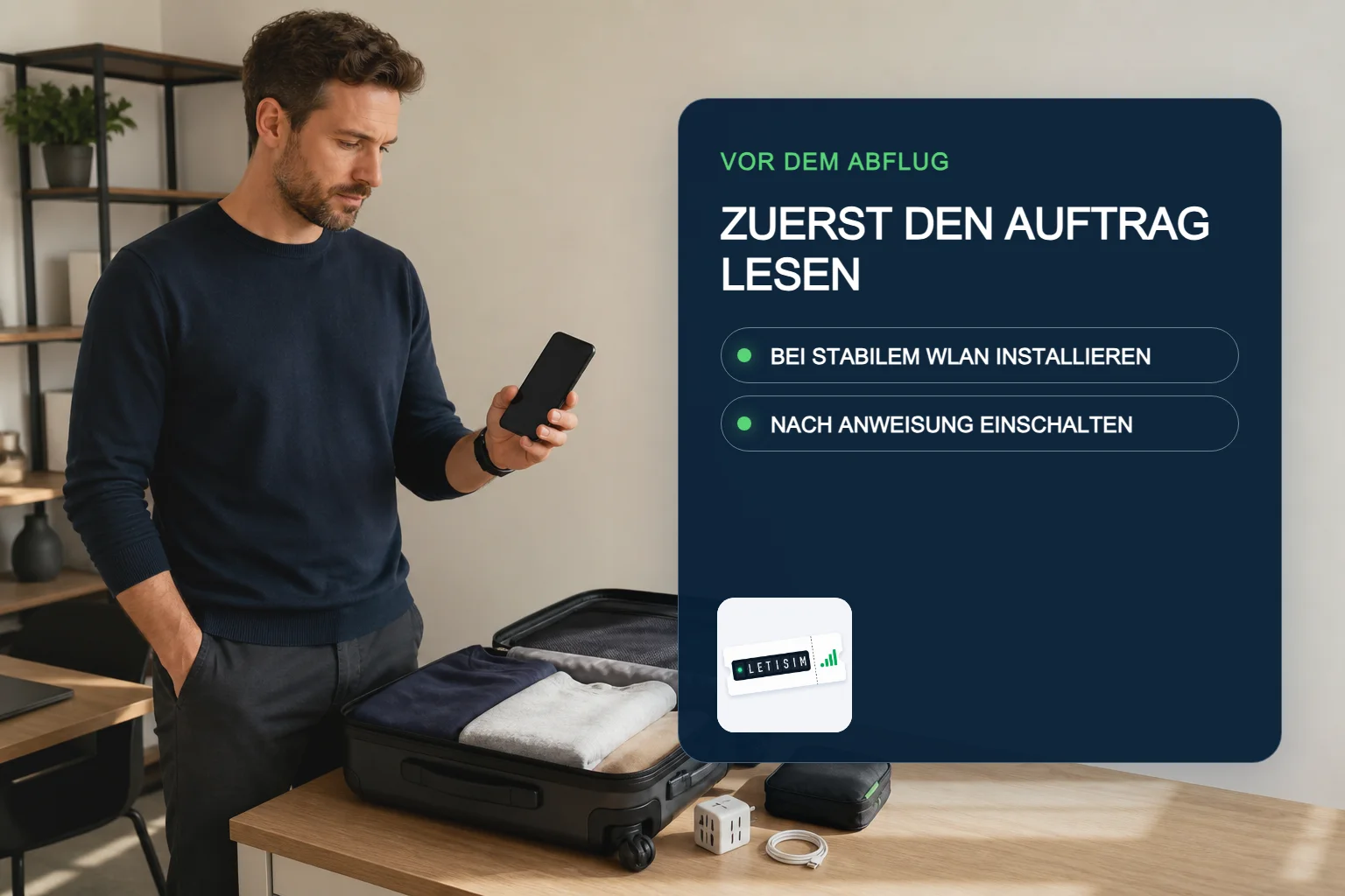 Reisender packt vor dem Abflug neben einem Signal Board mit der sicheren eSIM-Reihenfolge