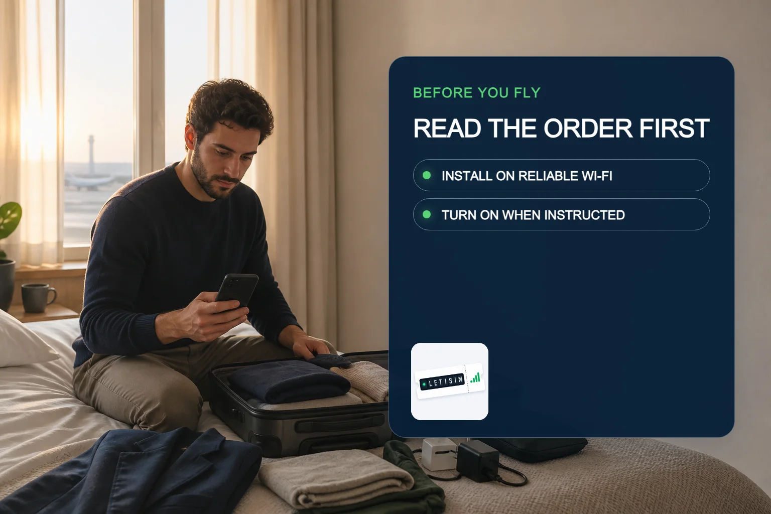Traveler packing before a flight beside a navy preflight board: read the order, install on reliable Wi-Fi, then turn the line on when instructed
