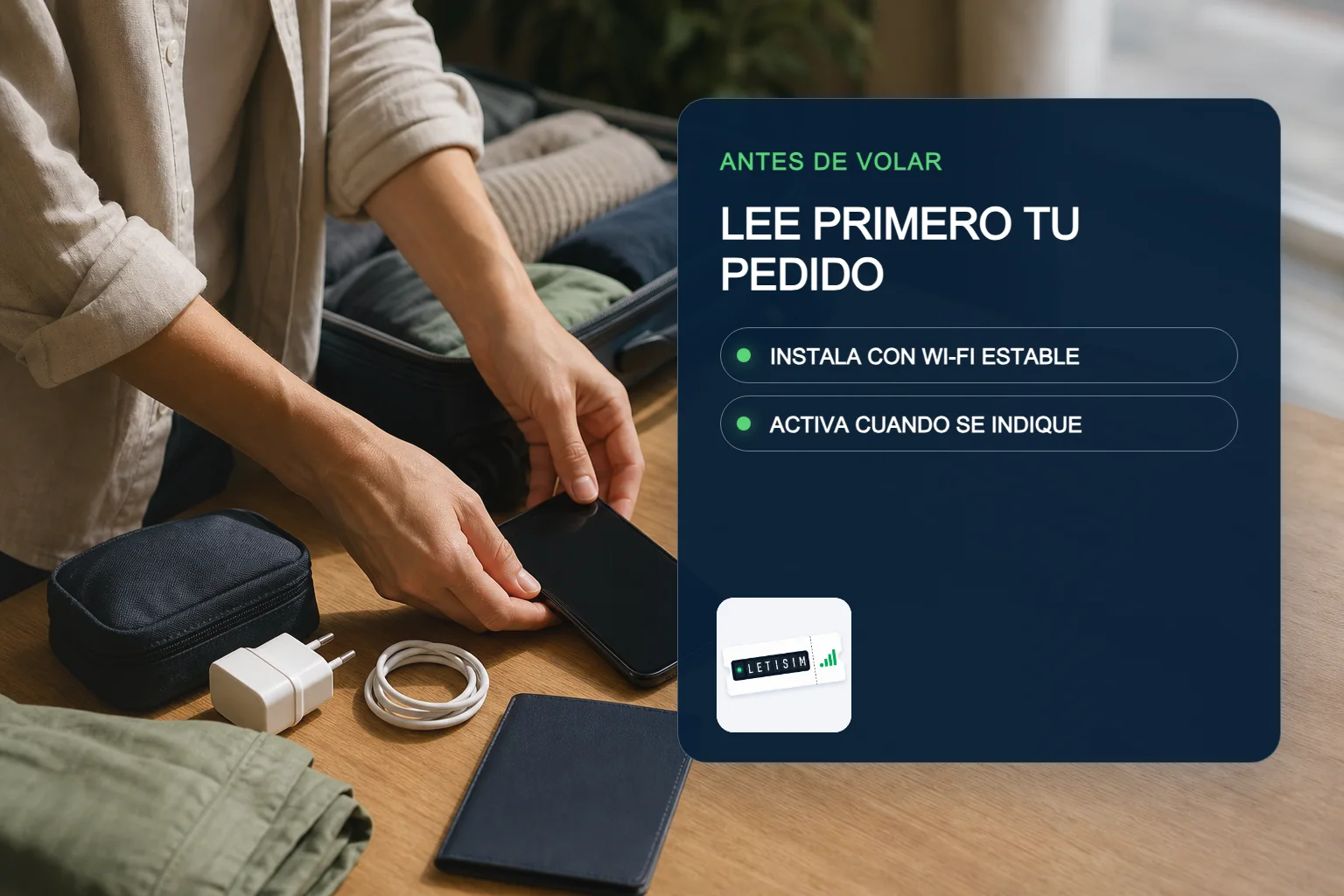 Antes de volar, una viajera revisa un tablero con el orden seguro para preparar la eSIM