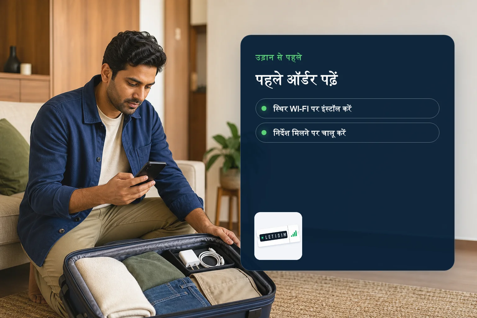 उड़ान से पहले सामान रखते यात्री के पास eSIM तैयारी का क्रम दिखाता नेवी बोर्ड