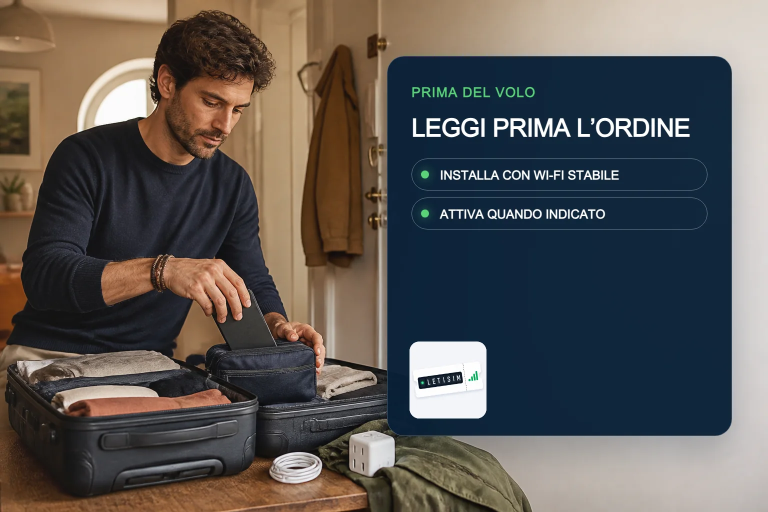 Viaggiatrice prepara la valigia davanti a un pannello con l’ordine sicuro per la eSIM