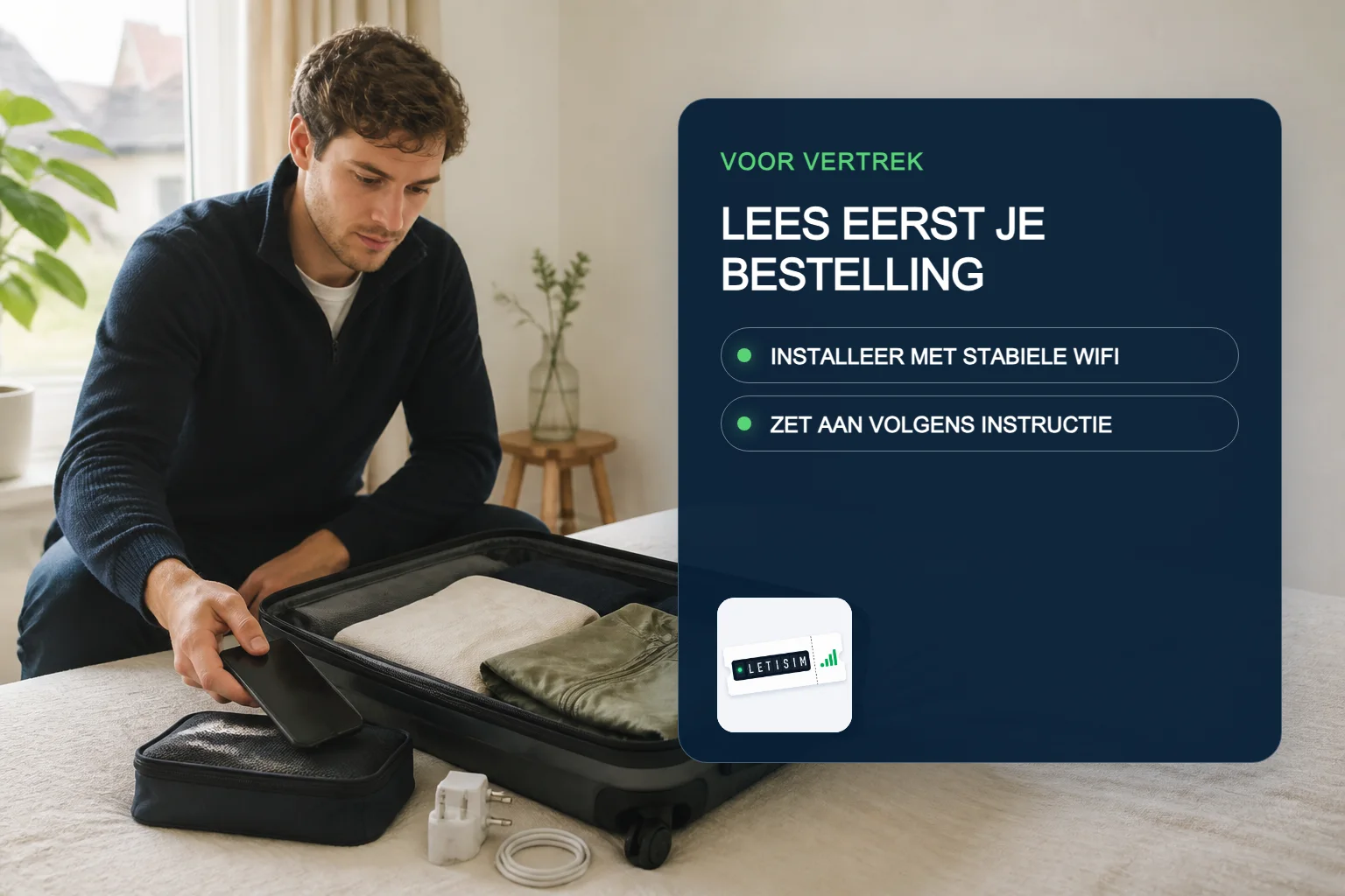 Reiziger pakt voor vertrek naast een bord met de veilige volgorde voor een reis-eSIM
