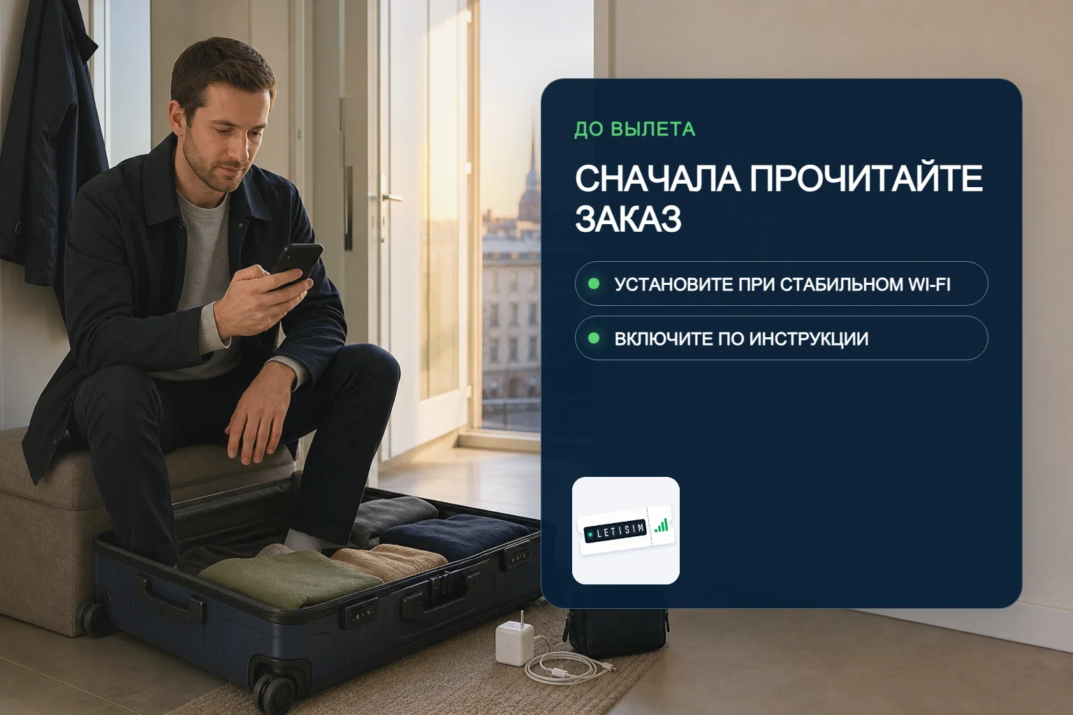 Путешественница собирает чемодан перед вылетом рядом с табло: сначала прочитать заказ, затем установить eSIM при стабильном Wi‑Fi и включить по инструкции