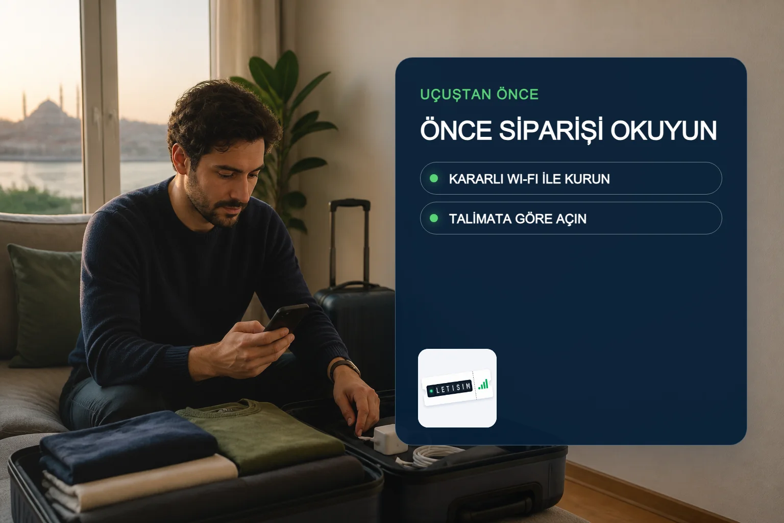 Yolcu uçuş öncesi valiz hazırlarken eSIM sırasını gösteren lacivert bilgi panosu