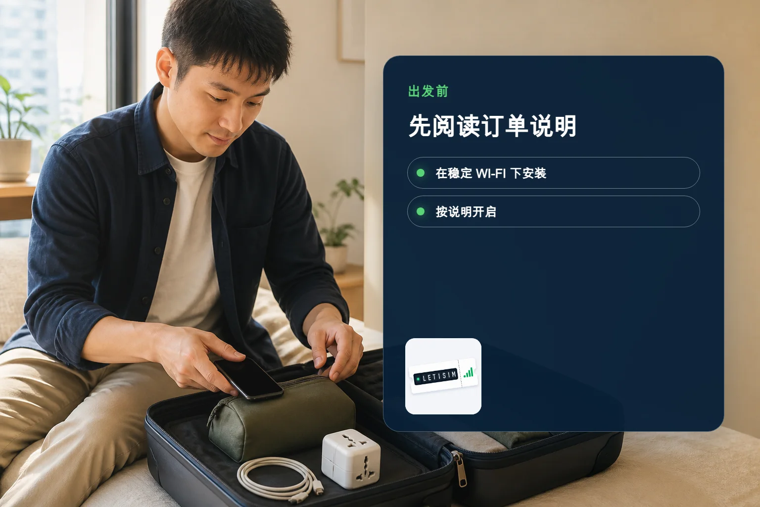 旅客出发前收拾行李，旁边的信息板显示阅读订单、安装和开启 eSIM 的安全顺序