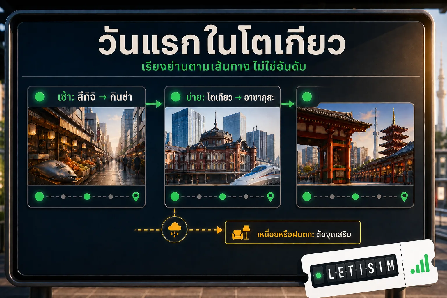 บอร์ดเส้นทางวันแรกในโตเกียว เรียงสึกิจิ กินซ่า สถานีโตเกียว และอาซากุสะ พร้อมแผนสำรองเมื่อเหนื่อย