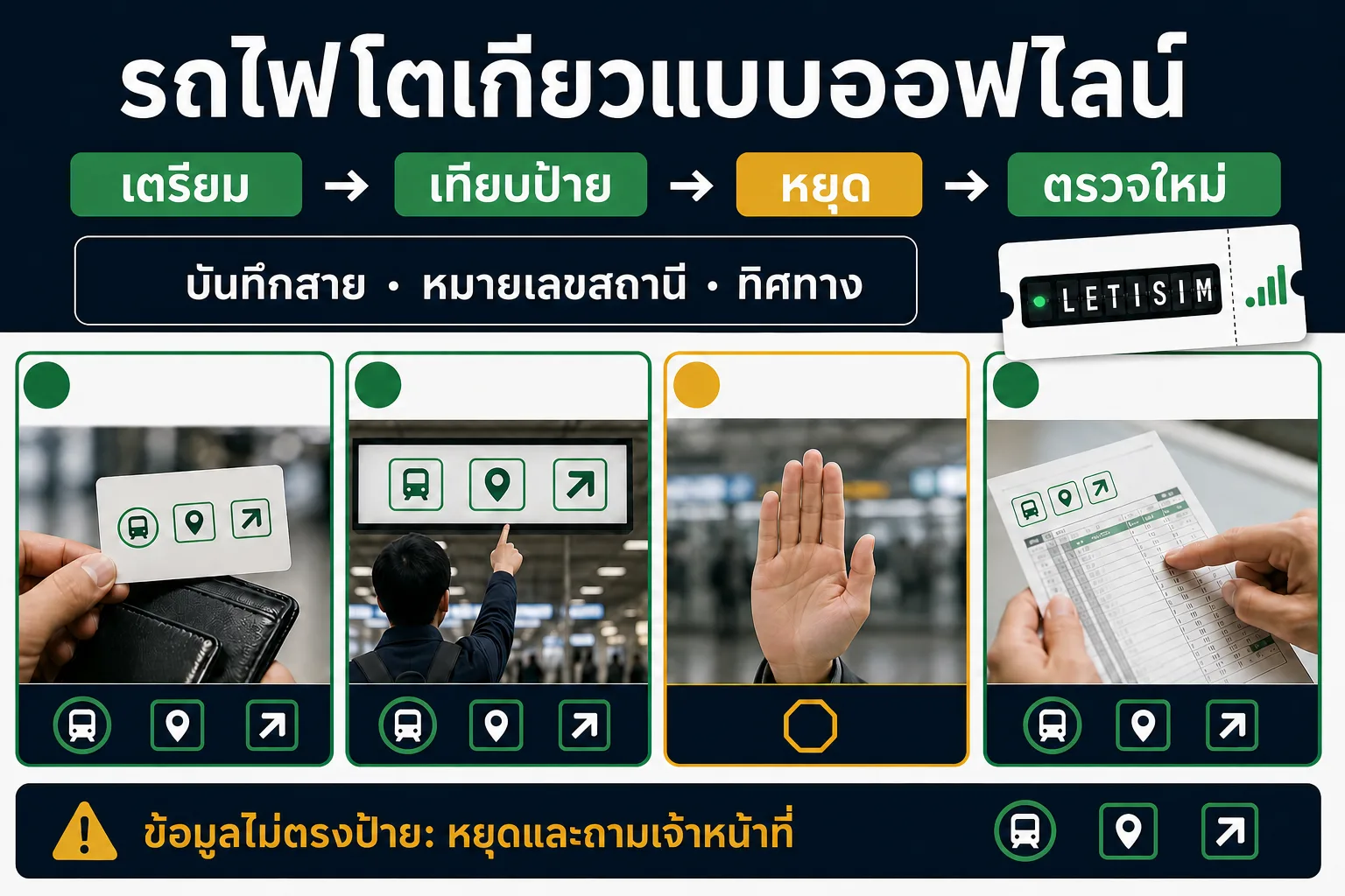 บอร์ดรถไฟโตเกียวแบบออฟไลน์ แสดงขั้นตอนเตรียม เทียบป้าย หยุด และตรวจใหม่ พร้อมสาย หมายเลขสถานี และทิศทาง