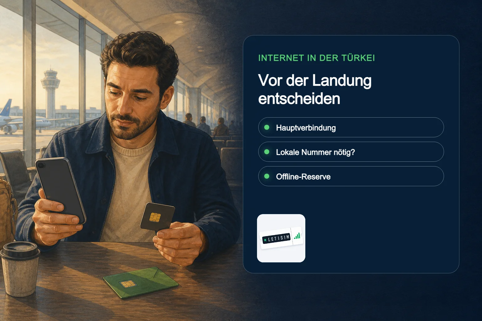 Reisender vergleicht Hauptverbindung, lokale Nummer und Offline-Reserve für die Türkei auf einer dunkelblauen Signaltafel