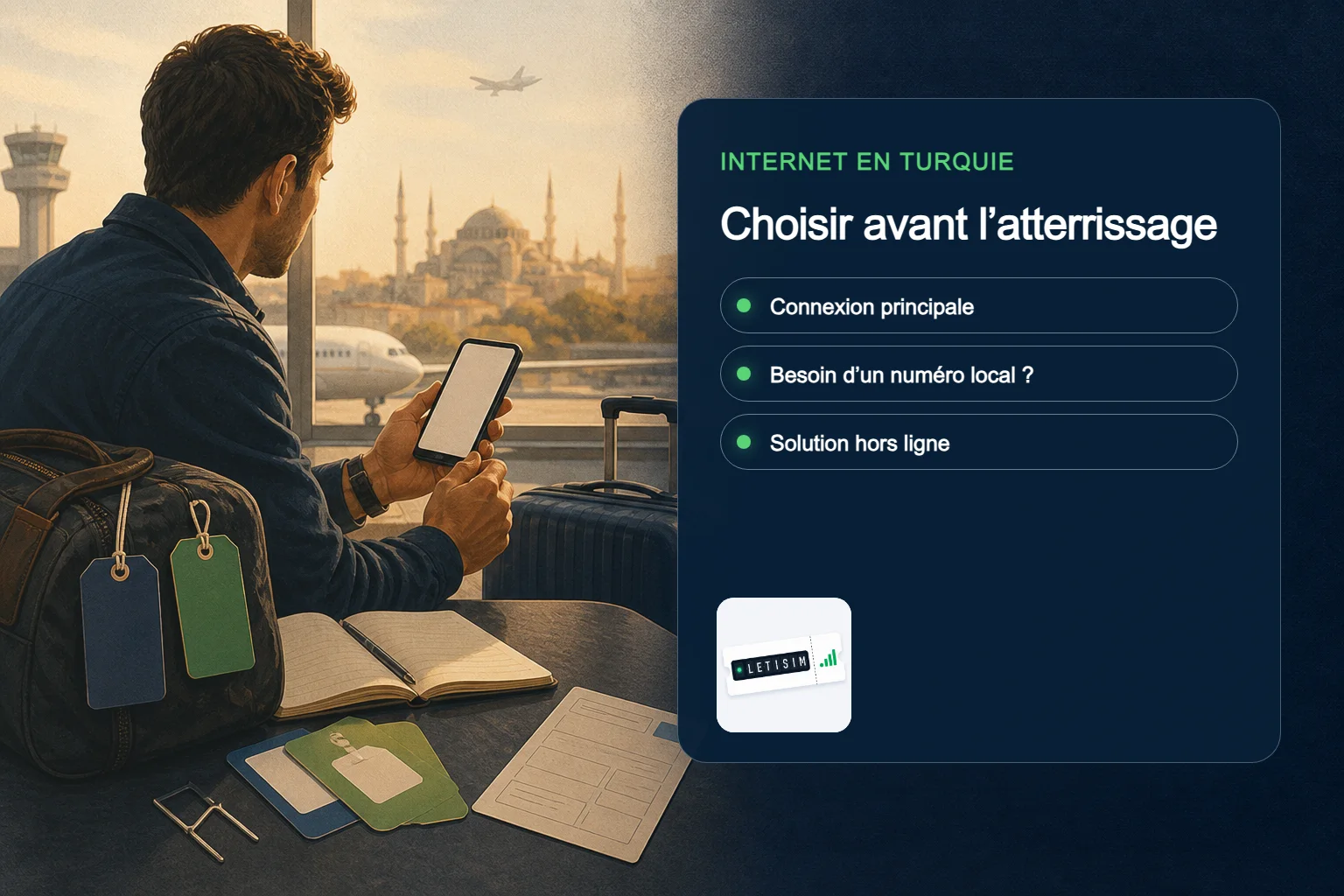 Voyageur compare connexion principale, besoin d’un numéro local et solution hors ligne pour la Turquie sur un tableau bleu nuit