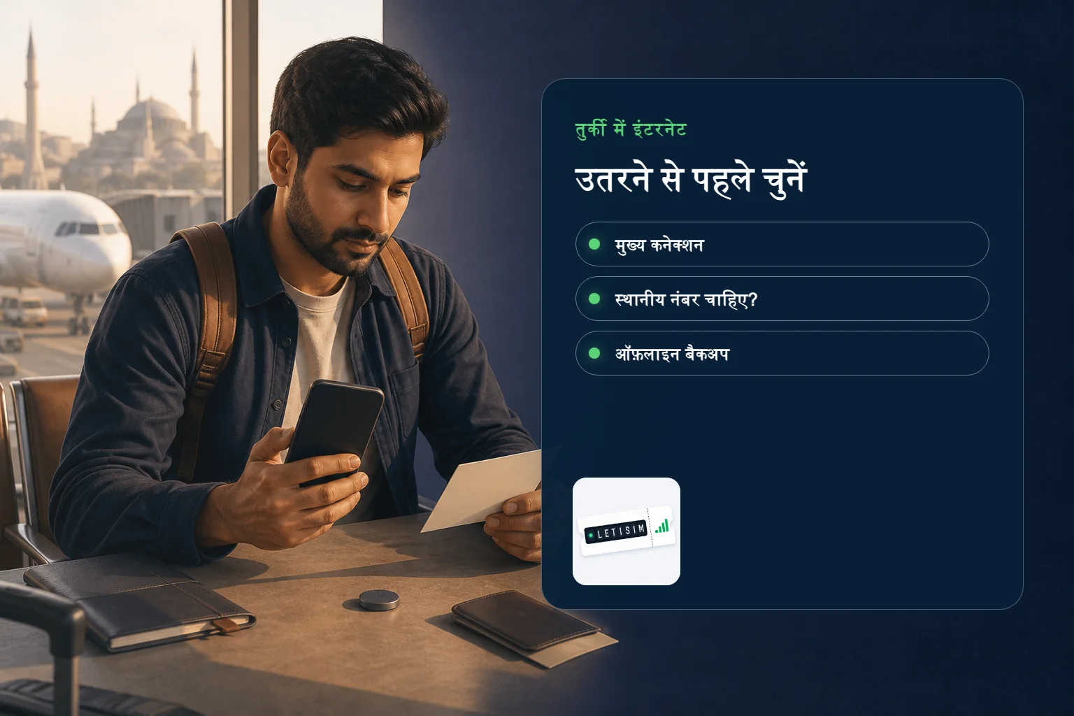 यात्री गहरे नीले Signal Plan बोर्ड पर तुर्की का मुख्य कनेक्शन, स्थानीय नंबर की जरूरत और ऑफ़लाइन बैकअप देख रहा है