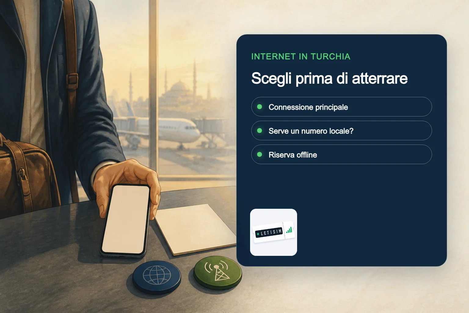 Viaggiatore confronta connessione principale, necessità di numero locale e riserva offline per la Turchia su un pannello blu
