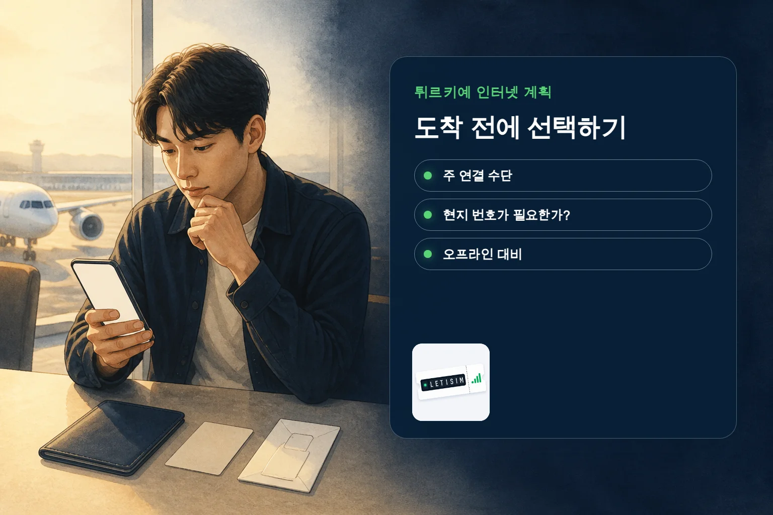 여행자가 짙은 남색 Signal Plan 보드에서 튀르키예 주 연결 수단, 현지 번호 필요 여부, 오프라인 대비를 비교하는 모습
