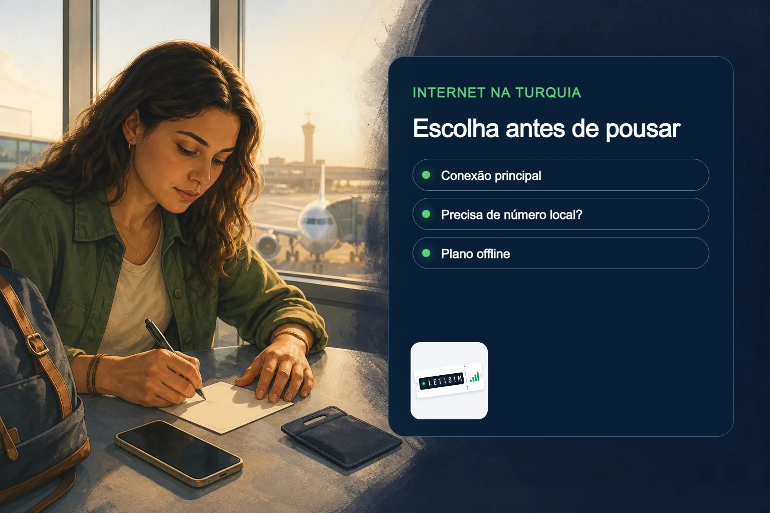 Viajante compara conexão principal, necessidade de número local e plano offline para a Turquia em um painel azul-marinho