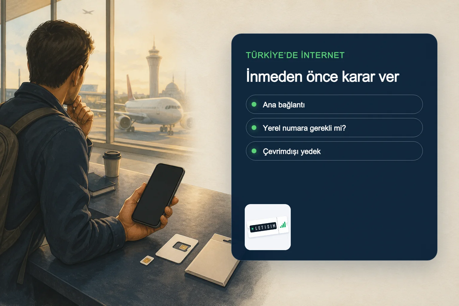 Yolcu, lacivert Signal Plan panosunda Türkiye için ana bağlantıyı, yerel numara ihtiyacını ve çevrimdışı yedeği karşılaştırıyor