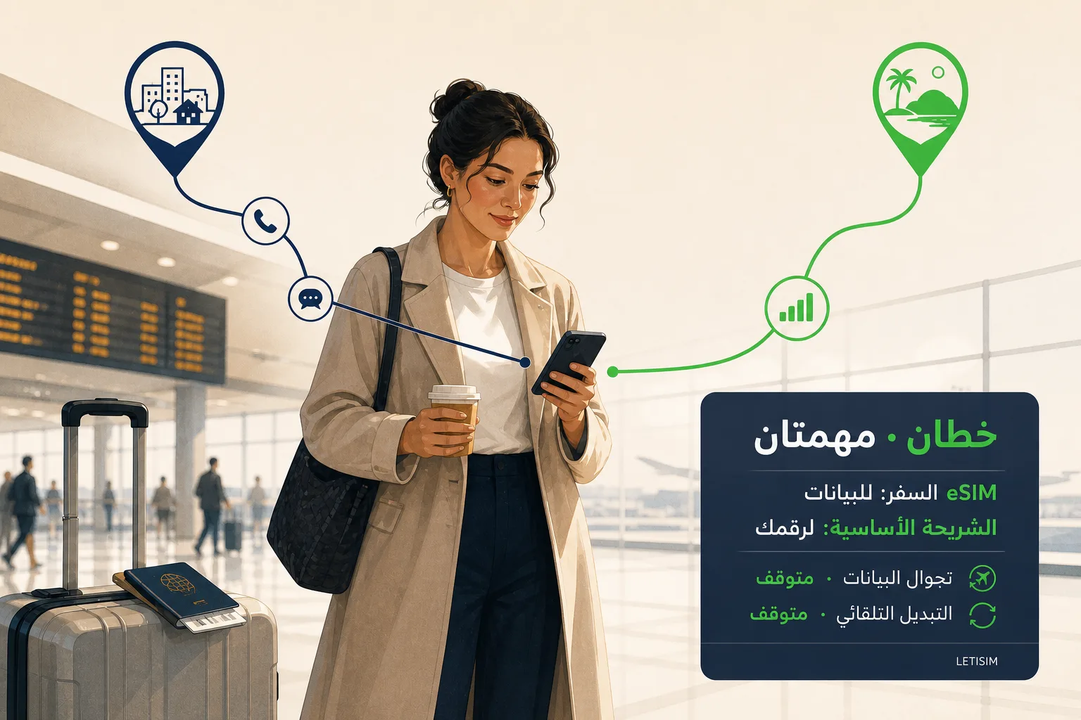 مسافرة في مطار يصل إلى هاتفها مسار كحلي للرقم الأساسي والمكالمات والرسائل ومسار أخضر لبيانات السفر