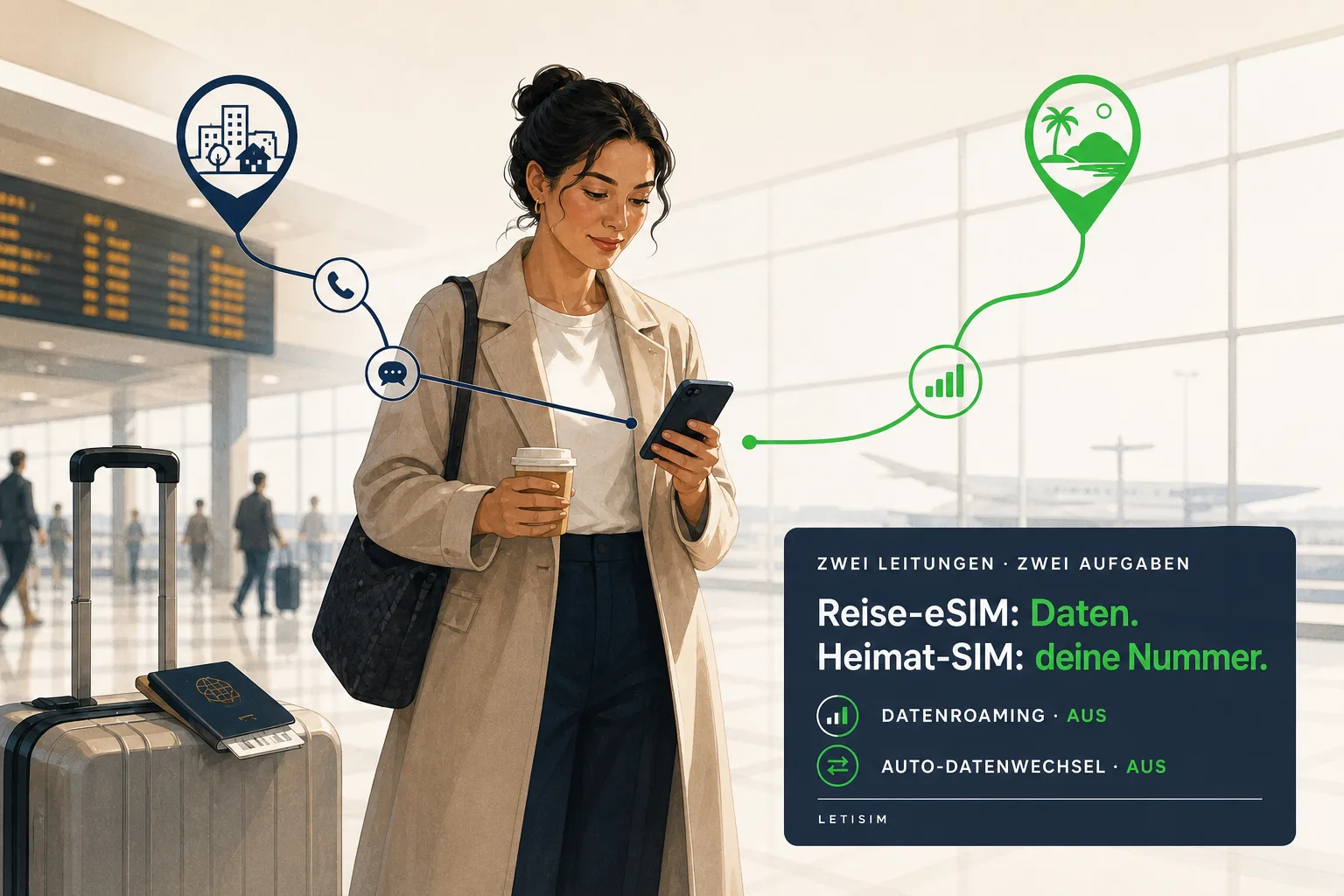 Reisende im Flughafen mit einer dunkelblauen Route für Heimatnummer, Anrufe und Nachrichten sowie einer grünen Route für Reisedaten