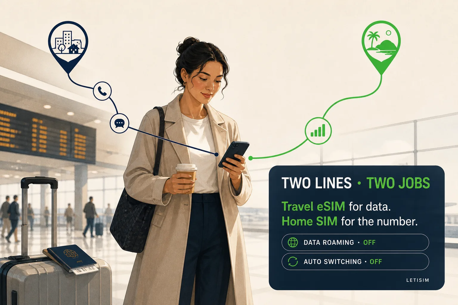 Traveler in an airport with a navy home-number route for calls and messages and a green travel-data route to one phone