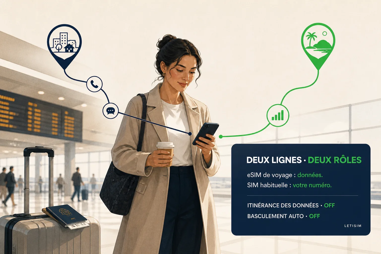Voyageuse dans un aéroport avec un trajet bleu pour le numéro habituel et un trajet vert pour les données de voyage