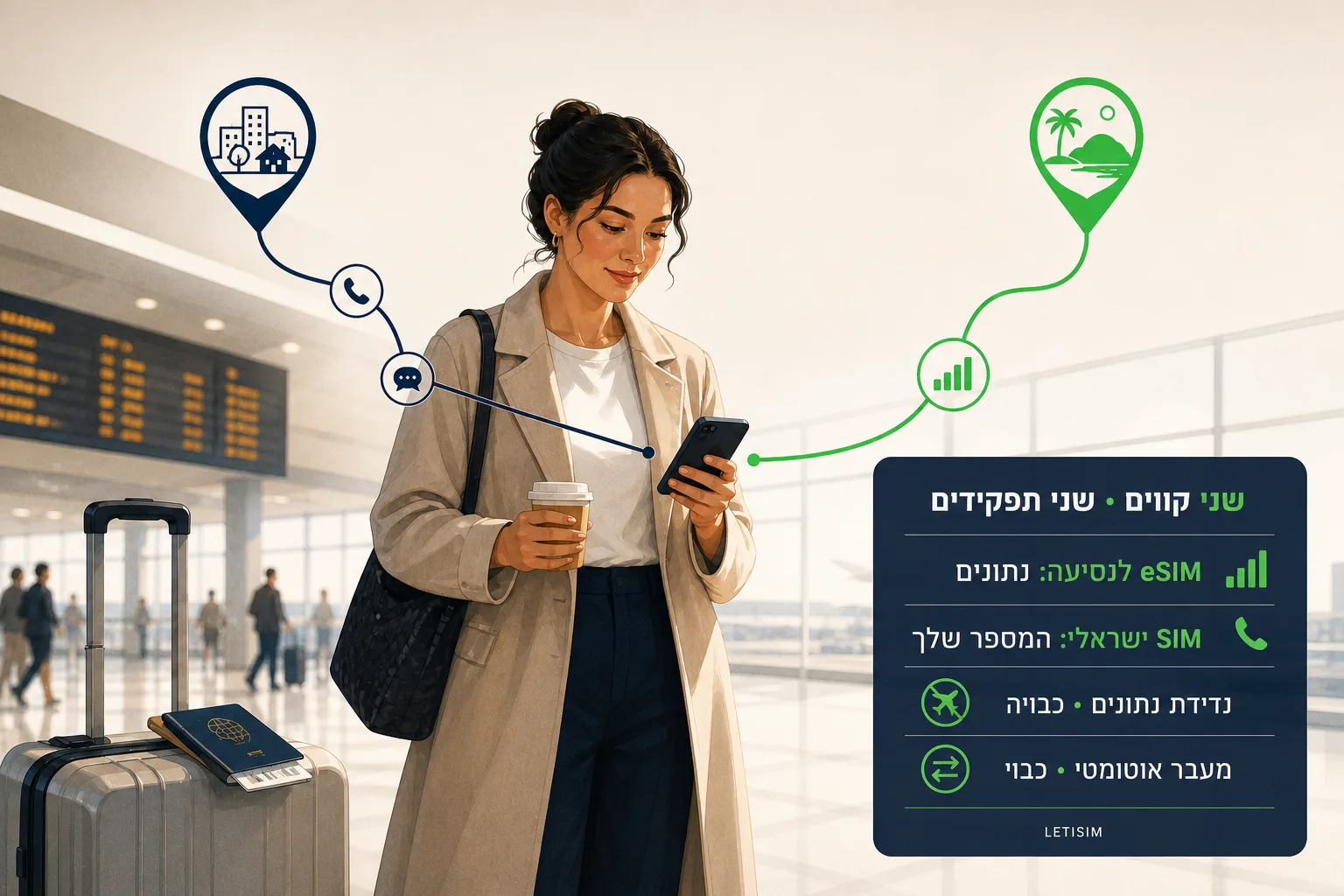 נוסעת בנמל תעופה עם מסלול כחול למספר הביתי, לשיחות ולהודעות ומסלול ירוק לנתוני נסיעה