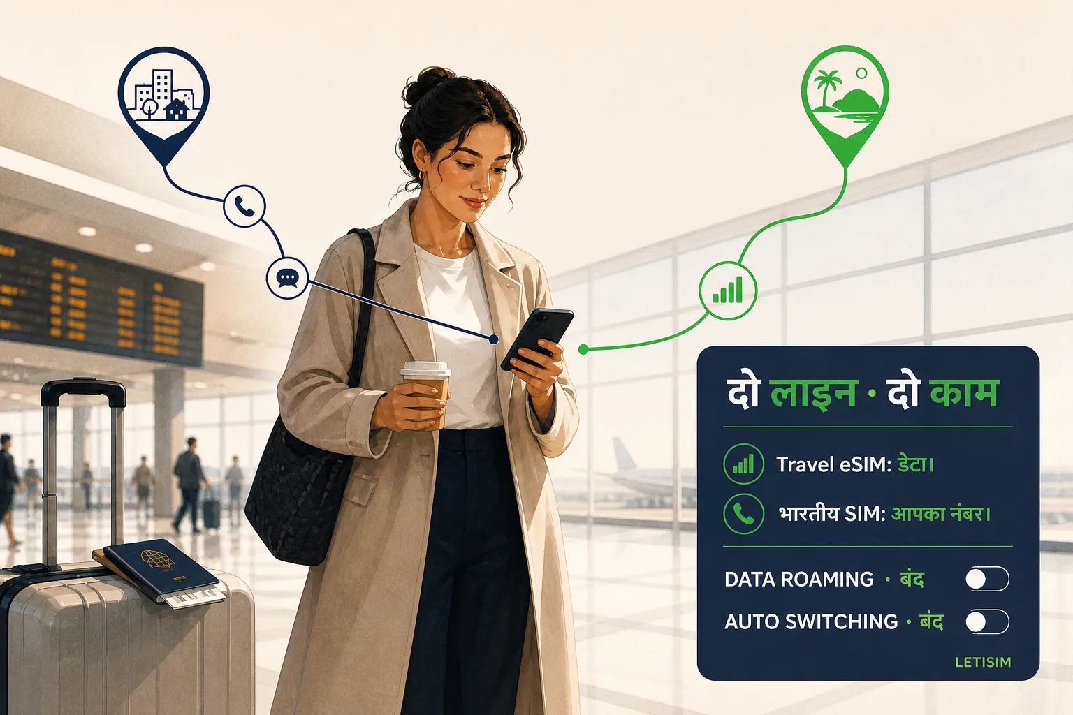 एयरपोर्ट पर यात्री के फोन तक भारतीय नंबर की कॉल और संदेश के लिए नीला रास्ता और travel data के लिए हरा रास्ता