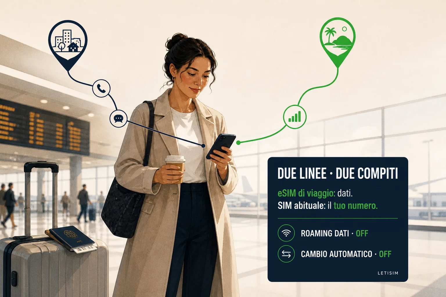 Viaggiatrice in aeroporto con un percorso blu per numero, chiamate e messaggi e un percorso verde per i dati di viaggio
