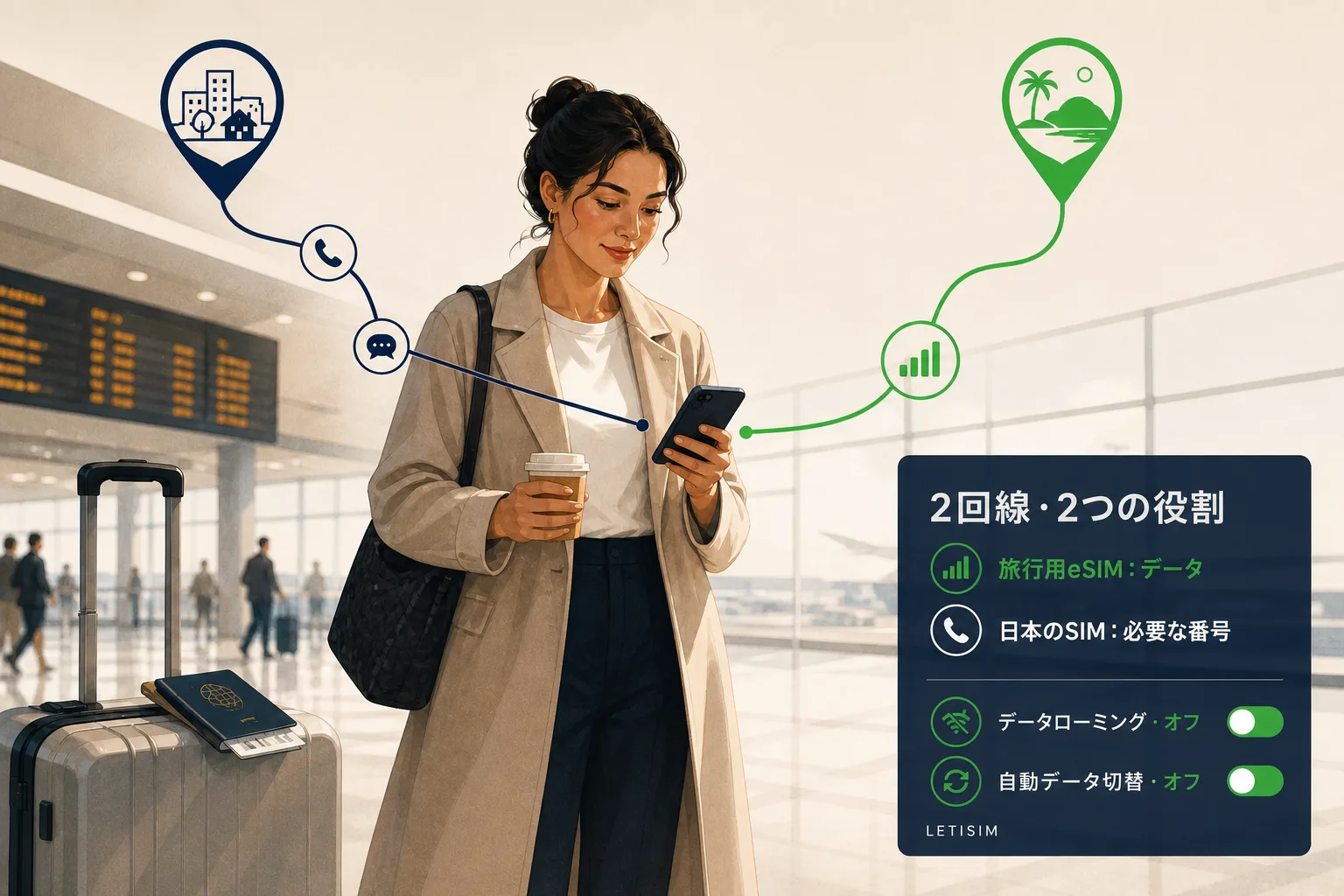 空港の旅行者のスマートフォンに、日本の番号の通話・メッセージを示す紺色の経路と旅行データを示す緑色の経路がつながる