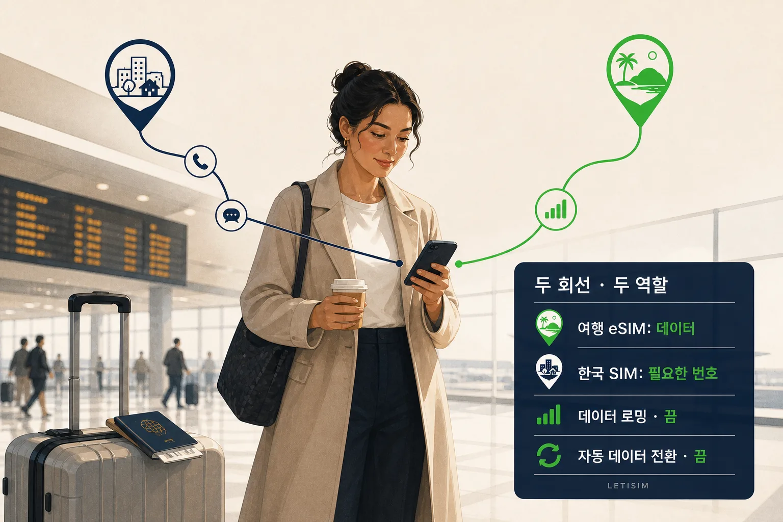 공항의 여행자 휴대폰으로 한국 번호의 통화와 메시지를 뜻하는 남색 경로와 여행 데이터를 뜻하는 초록 경로가 이어진 모습