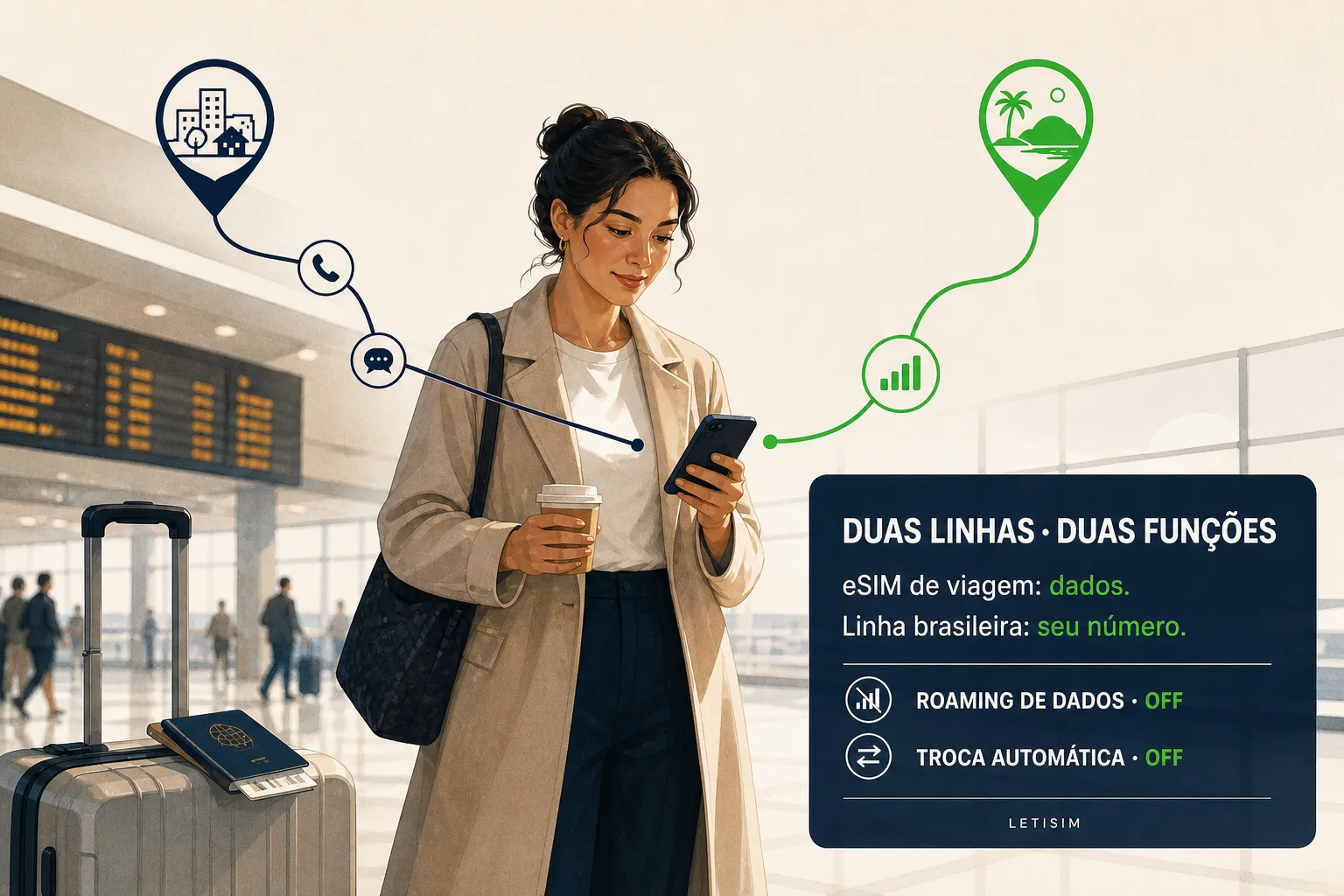 Viajante no aeroporto com uma rota azul para o número de casa e uma rota verde para os dados da viagem