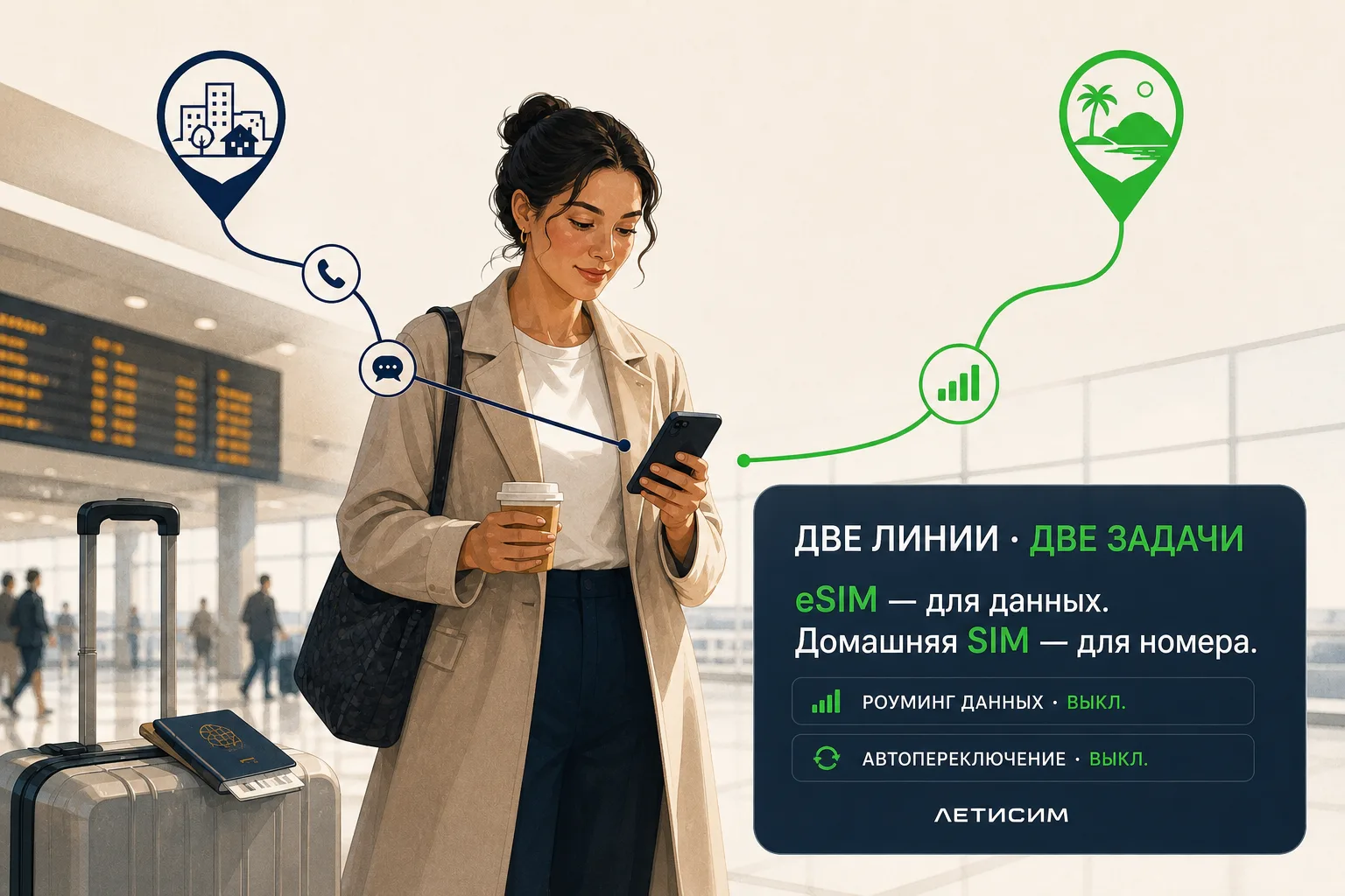 Путешественница в аэропорту: тёмная линия домашнего номера ведёт к звонкам и сообщениям, зелёная линия eSIM — к мобильному интернету на одном телефоне