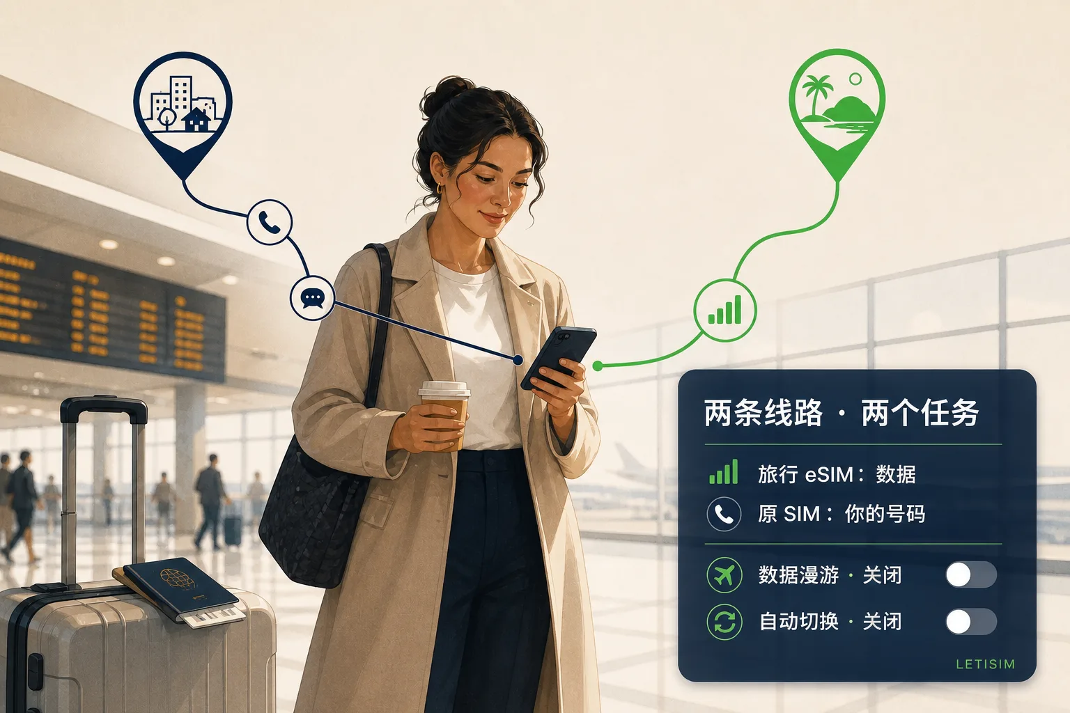 机场旅客的手机连接着深蓝色原号码通话短信路线和绿色旅行数据路线